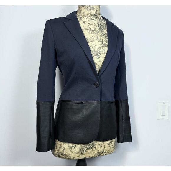 THEORY Shinna C Pryor Blazer Leather / Viscose Combo Navy / Black-Brown Size 4 - Picture 2 of 16
